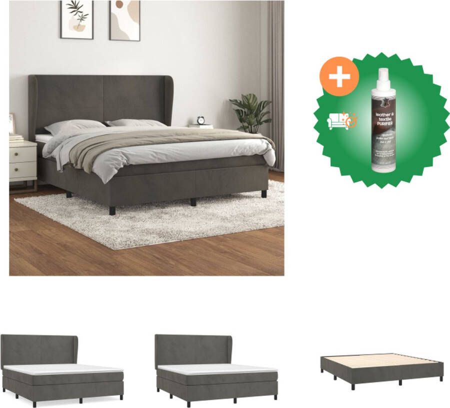 VidaXL Boxspringbed fluweel 160 x 200 cm pocketvering middelharde ondersteuning huidvriendelijk donkergrijs inclusief hoofdbord en topmatras Bed Inclusief Reiniger