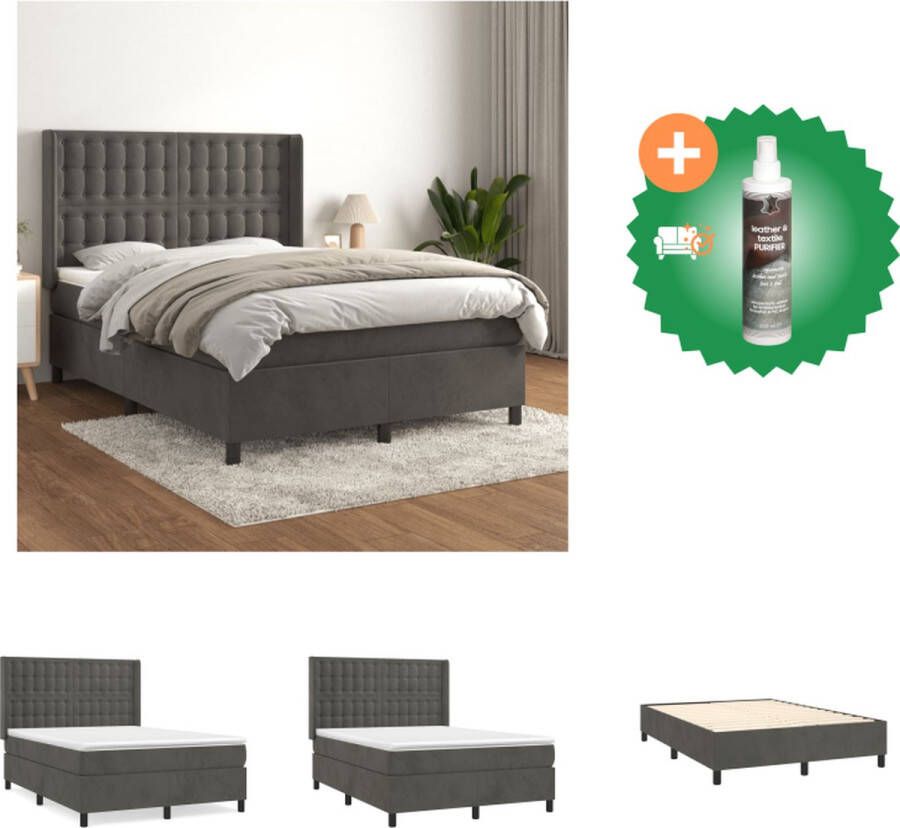 VidaXL Boxspringbed Fluweel Donkergrijs 203 x 147 x 118 128 cm Pocketvering matras Middelharde ondersteuning Huidvriendelijk topmatras Bed Inclusief Reiniger