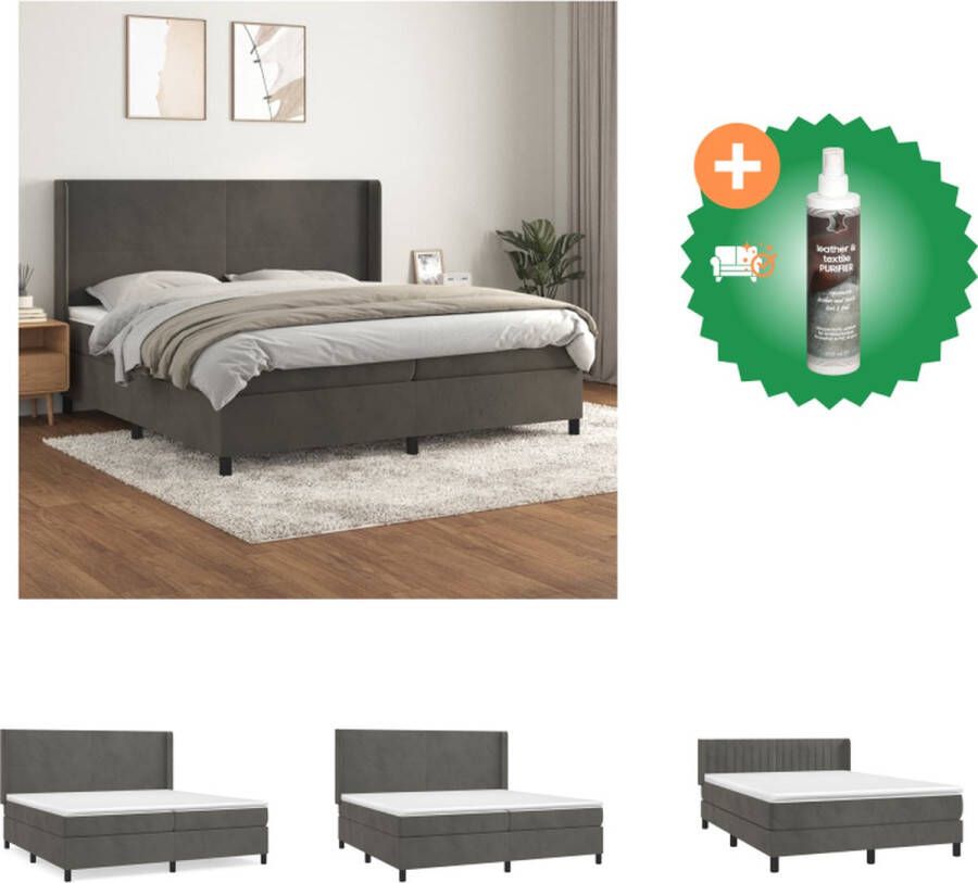 VidaXL Boxspringbed Fluweel Donkergrijs 203x203cm Pocketvering Matras Middelharde ondersteuning Huidvriendelijk topmatras Bed Inclusief Reiniger