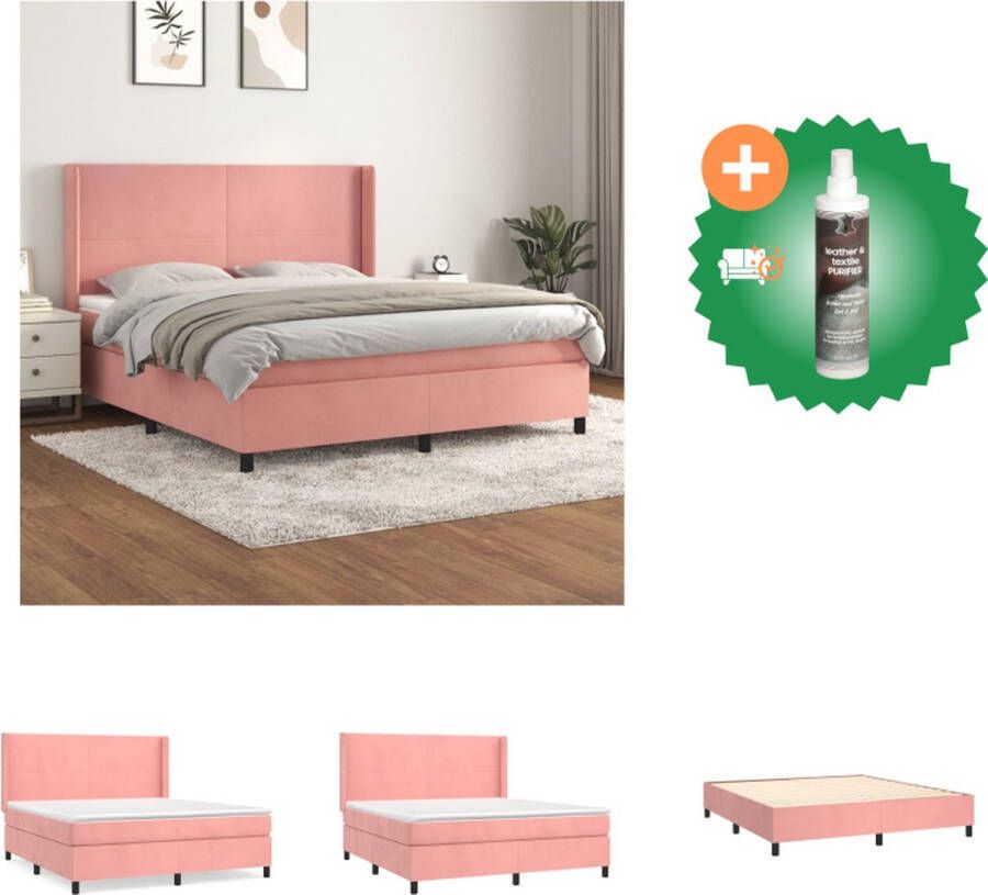 VidaXL Boxspringbed Fluweel Middelharde ondersteuning Pocketvering Huidvriendelijk topmatras Roze 160 x 200 cm Bed Inclusief Reiniger