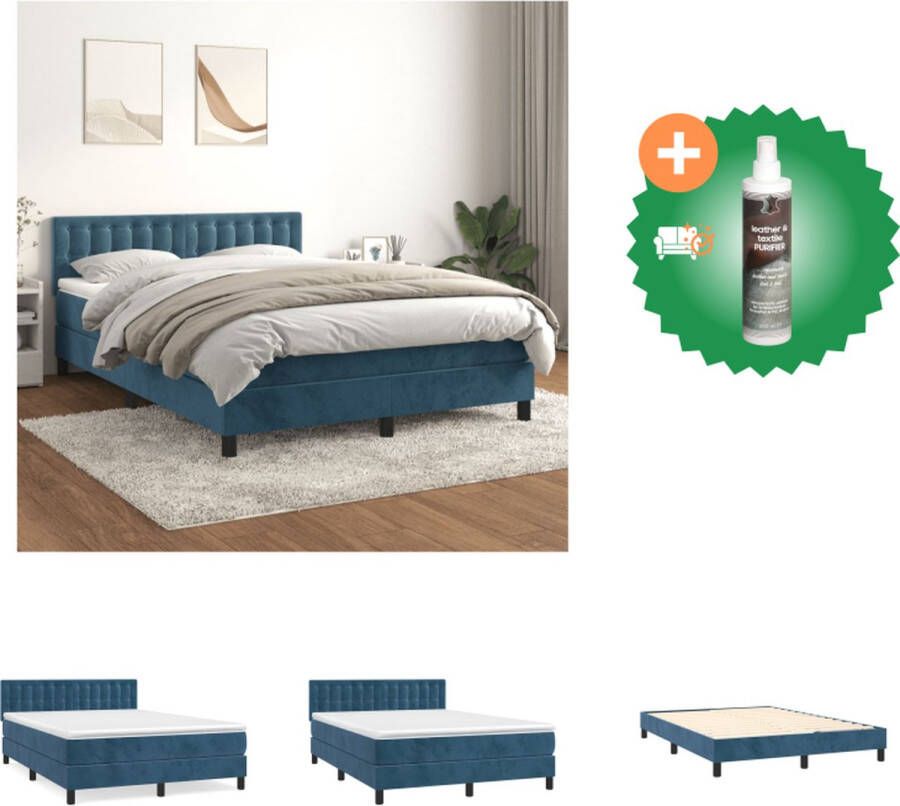VidaXL Boxspringbed fluweel pocketvering donkerblauw 140 x 200 cm middelharde ondersteuning Bed Inclusief Reiniger