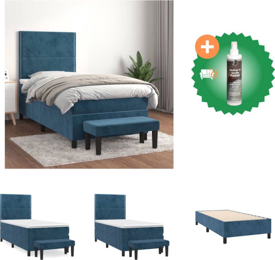 VidaXL Boxspringbed Fluweel Pocketvering Middelhard Huidvriendelijk Donkerblauw 203x90x118 128cm Inclusief 1x bedframe 1x hoofdeind 1x matras 1x topmatras 1x bankje Bed Inclusief Reiniger