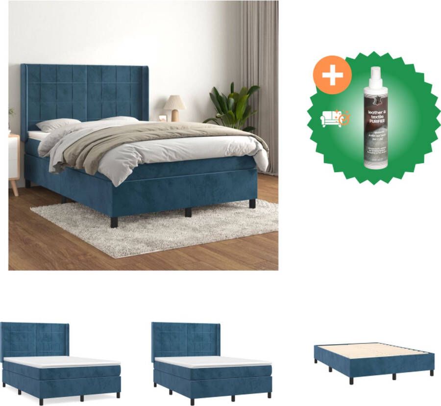 VidaXL Boxspringbed fluweel pocketvering middelharde ondersteuning donkerblauw 203x147x118 128 cm inclusief matras en topmatras Bed Inclusief Reiniger