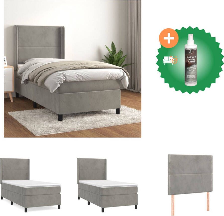 VidaXL Boxspringbed fluweel pocketvering middelharde ondersteuning huidvriendelijk lichtgrijs 193x93x118 128cm wit en lichtgrijs 90x190x20cm wit 90x190x5cm Bed Inclusief Reiniger