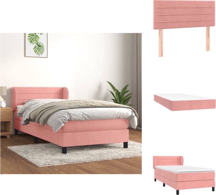 VidaXL Boxspringbed Fluweel Pocketvering Middelharde ondersteuning Huidvriendelijk Roze 193x93x78 88 cm wit roze matras wit topmatras Bed