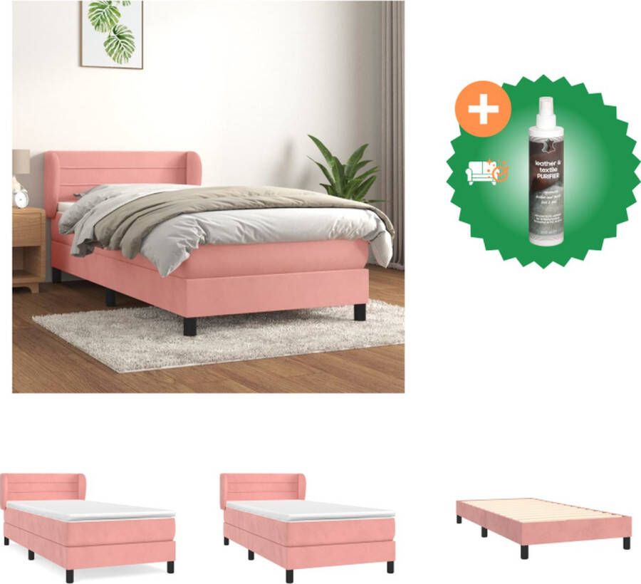 VidaXL Boxspringbed Fluweel Pocketvering Middelharde ondersteuning Huidvriendelijk Roze 193x93x78 88 cm wit roze matras wit topmatras Bed Inclusief Reiniger
