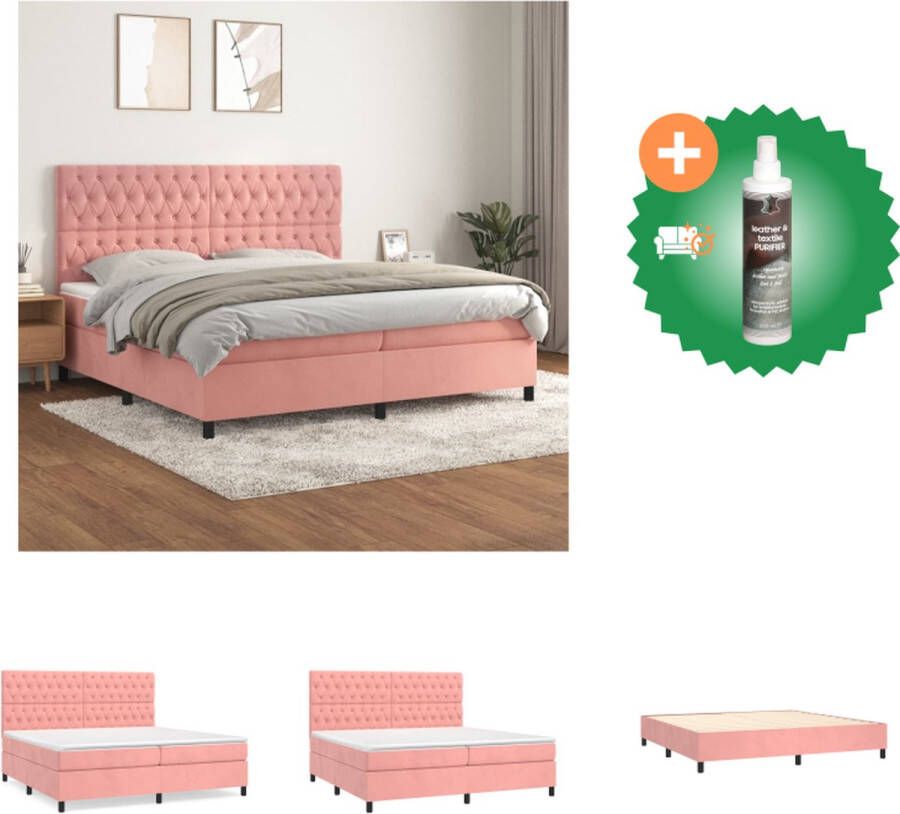 VidaXL Boxspringbed Fluweel Pocketvering Middelharde ondersteuning Huidvriendelijk Roze 203 x 200 x 118 128 cm Bed Inclusief Reiniger