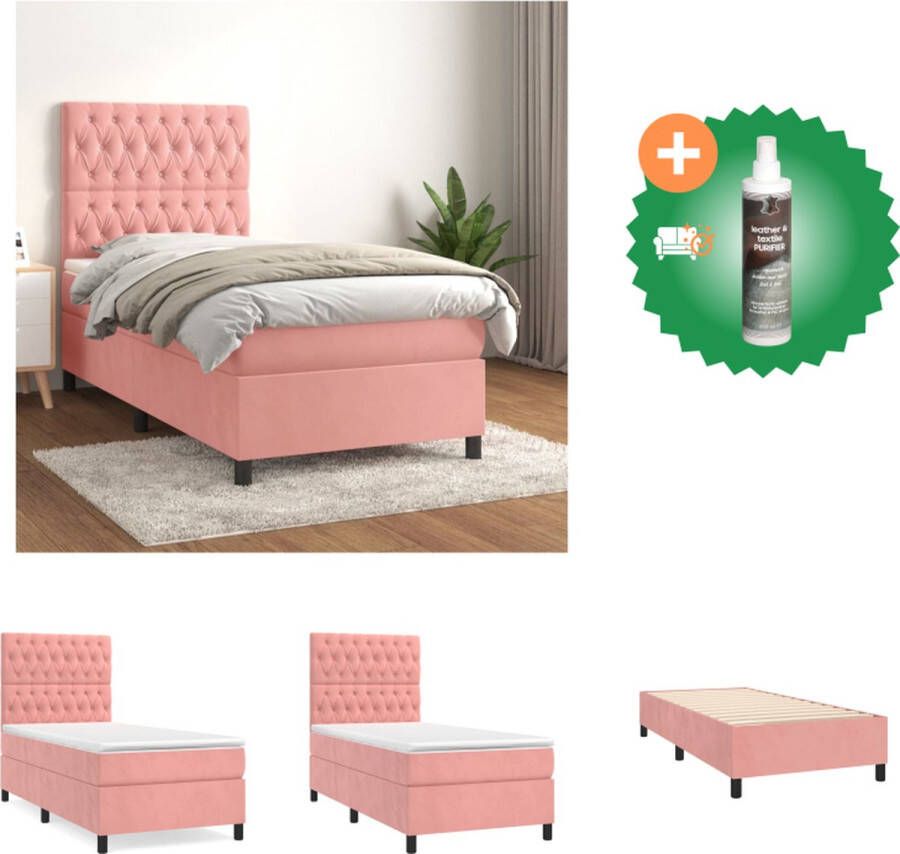 VidaXL Boxspringbed Fluweel Pocketvering Middelharde ondersteuning Huidvriendelijk Roze 203x100x118 128 cm incl bedframe hoofdeind matras en topmatras Bed Inclusief Reiniger
