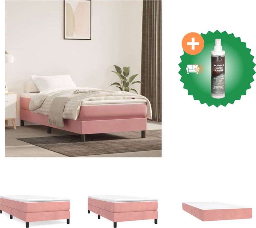 VidaXL Boxspringbed fluweel pocketvering middelharde ondersteuning huidvriendelijke topmatras multiplex lattenbodem roze 203 x 90 x 25 cm wit en roze 90 x 200 x 20 cm wit 90 x 200 x 5 cm Bed Inclusief Reiniger
