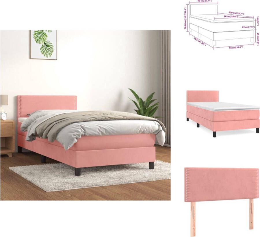VidaXL Boxspringbed fluweel pocketvering middelharde ondersteuning roze 203x90x78 88 cm met verstelbaar hoofdbord inclusief matras en topmatras Bed - Foto 1
