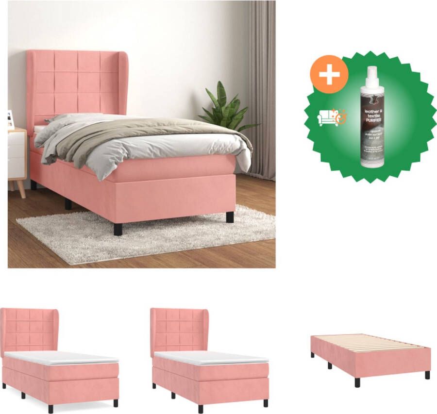 VidaXL Boxspringbed Fluweel Roze 203 x 103 x 118 128 cm Pocketvering Middelharde ondersteuning Huidvriendelijk Bed Inclusief Reiniger