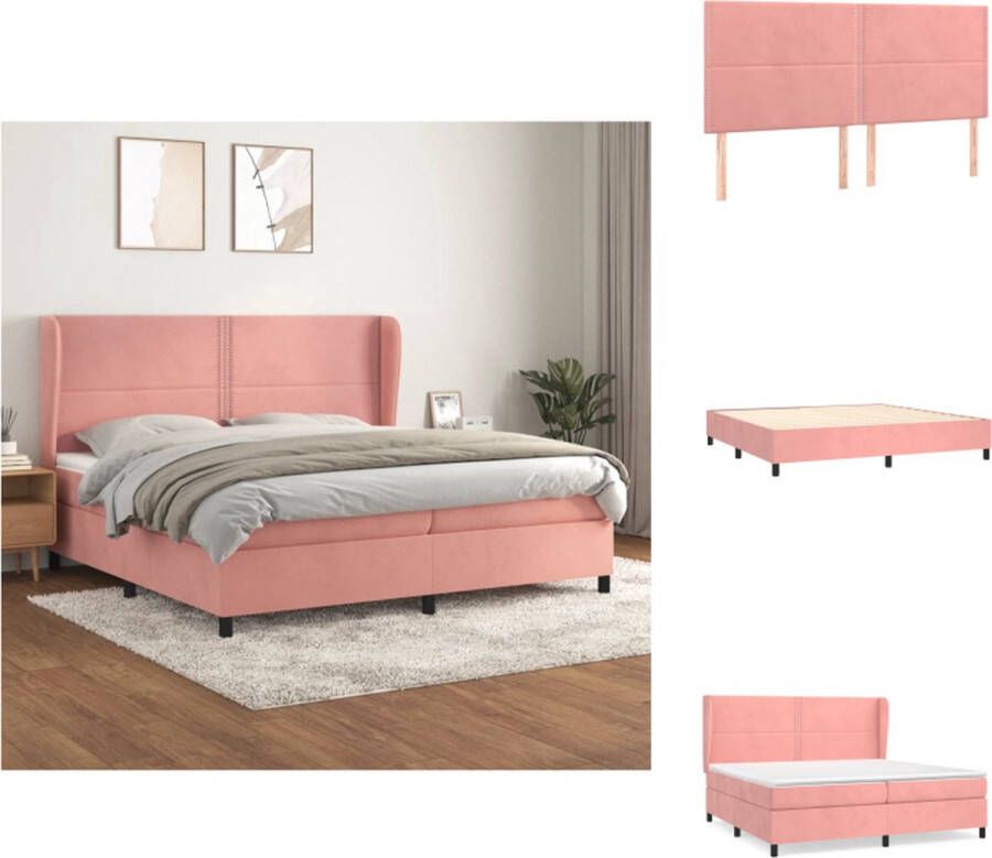 VidaXL Boxspringbed Zacht fluweel Praktisch hoofdbord Pocketvering matras Middelharde ondersteuning Huidvriendelijk topmatras Roze 203x203x118 128cm Bed