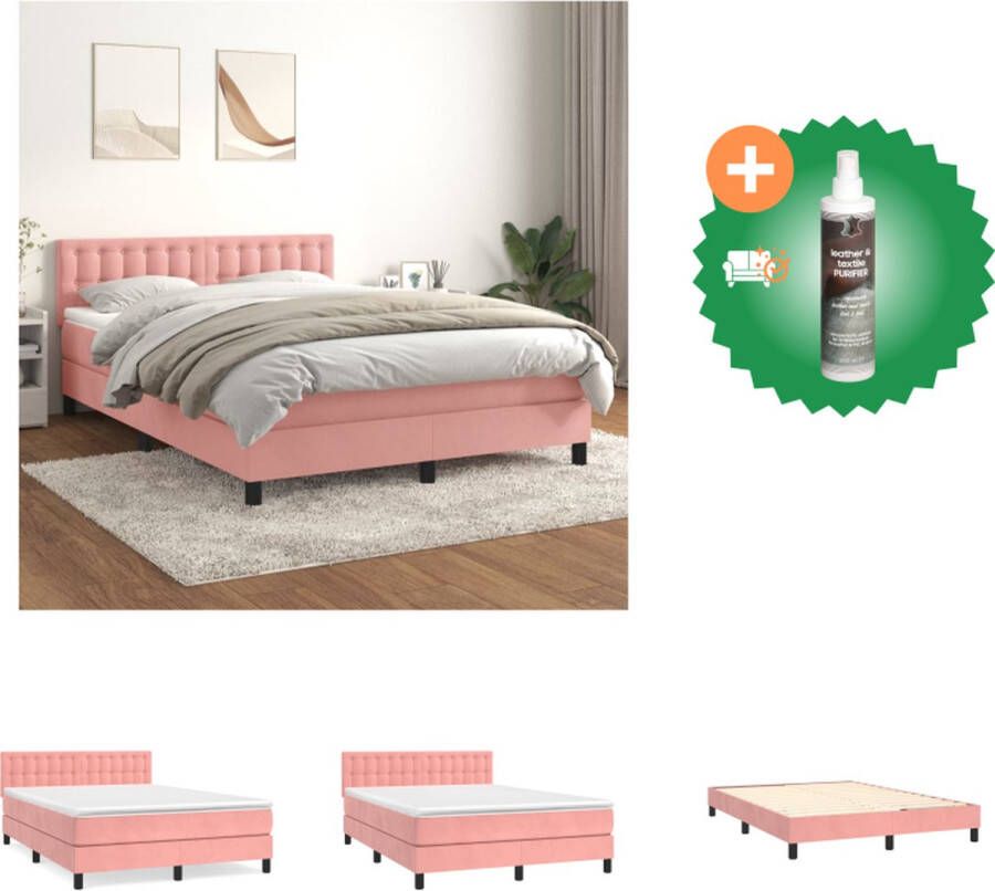 vidaXL Boxspringbed fluweel roze 203x144x78 88 cm met verstelbaar hoofdbord pocketvering matras en huidvriendelijk topmatras Bed Inclusief Reiniger