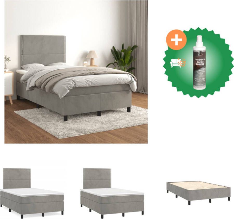 VidaXL Boxspringbed fluweel verstelbaar hoofdbord pocketvering matras middelharde ondersteuning huidvriendelijk topmatras lichtgrijs 203x120x118 128 cm Bed Inclusief Reiniger