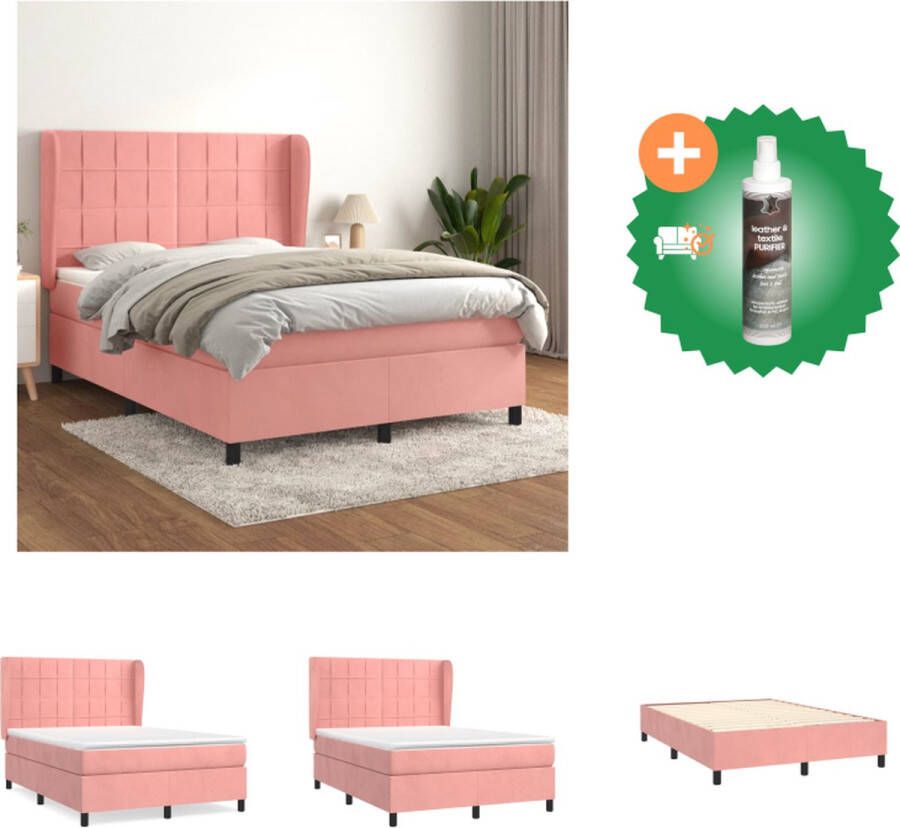 VidaXL Boxspringbed Fluwelen Bedframe Pocketvering Matras Huidvriendelijk Topmatras Kleur- roze 140 x 200 cm Bed Inclusief Reiniger