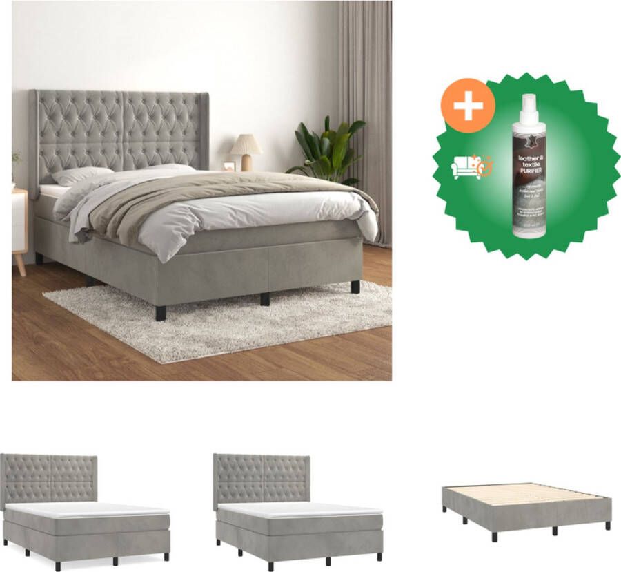 VidaXL Boxspringbed Lichtgrijs fluweel 203 x 147 x 118 128 cm Pocketvering matras Middelharde ondersteuning Huidvriendelijk topmatras Bed Inclusief Reiniger