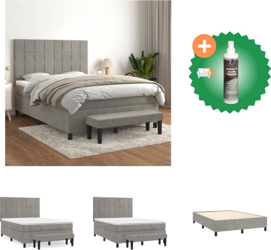 VidaXL Boxspringbed Luxe Complete set 140 x 190 cm Fluwelen stof Verstelbaar hoofdbord Pocketvering matras Middelharde ondersteuning Huidvriendelijk topmatras Multifunctioneel bankje Bed Inclusief Reiniger