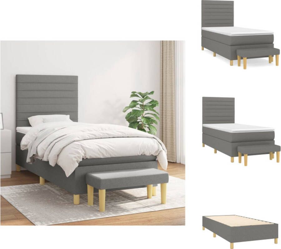 VidaXL Boxspringbed Donkergrijs 203 x 100 x 118 128 cm Met verstelbaar hoofdbord Pocketvering matras Middelharde ondersteuning Huidvriendelijk topmatras Multifunctioneel bankje Inclusief montagehandleiding Bed - Foto 2