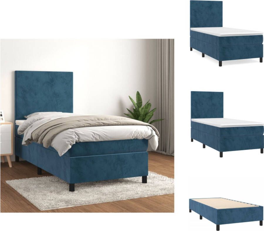 VidaXL Boxspringbed Donkerblauw 203 x 90 x 118 128 cm Zacht fluweel Praktisch hoofdbord Pocketvering matras Middelharde ondersteuning Huidvriendelijk topmatras Bed - Foto 3