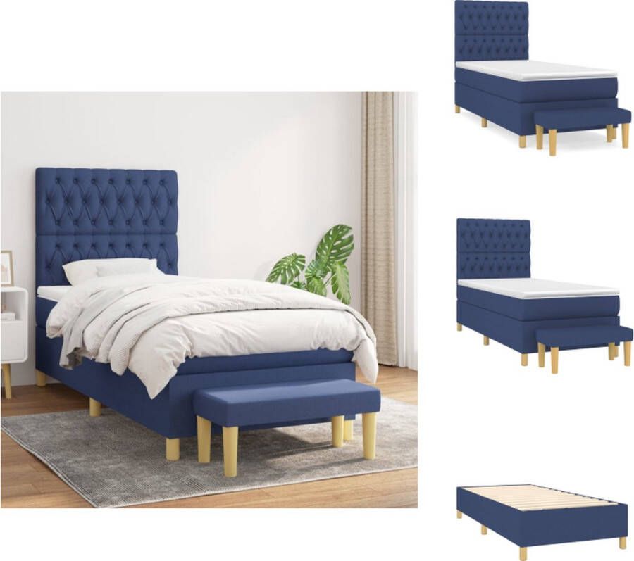 VidaXL Boxspringbed Blauw 203 x 100 x 118 128 cm Duurzaam materiaal Verstelbaar hoofdbord Pocketvering matras Middelharde ondersteuning Huidvriendelijk topmatras Multifunctioneel bankje Bed - Foto 2