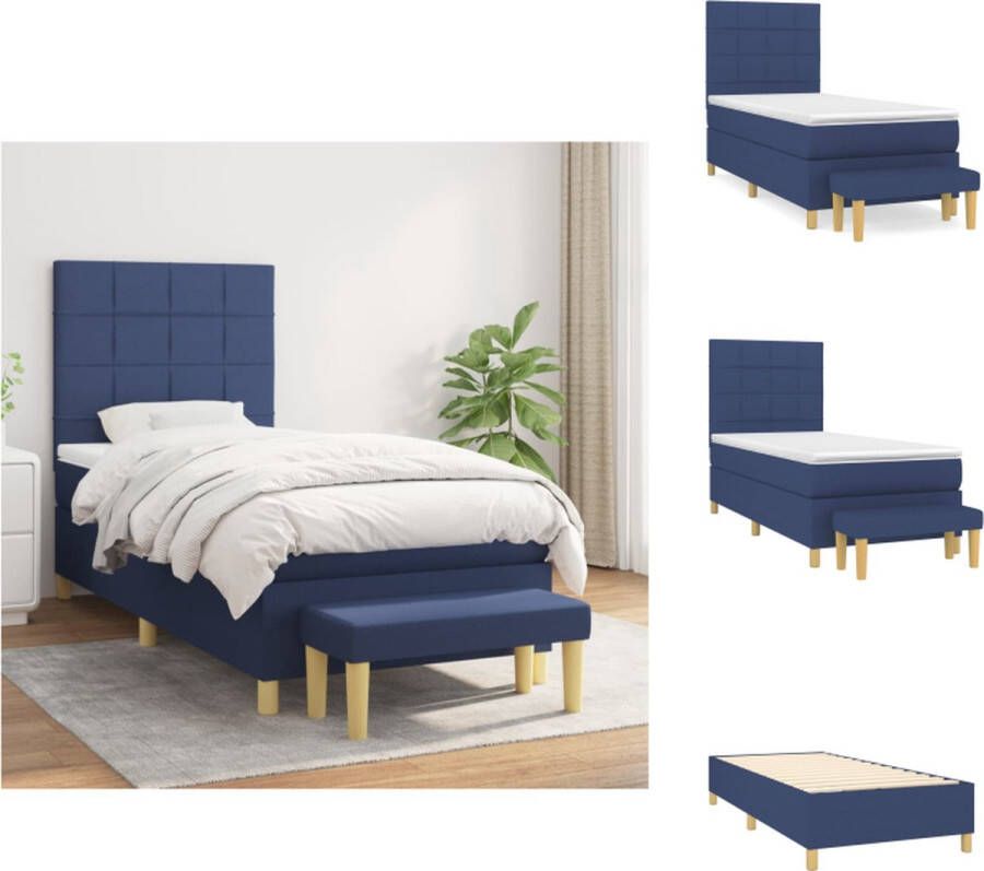 VidaXL Boxspringbed Pocketvering Matras Middelharde Ondersteuning Huidvriendelijk Topmatras Inclusief Bankje Kleur- Blauw Afmetingen- 203 x 83 x 118 128 cm (L x B x H) Bed