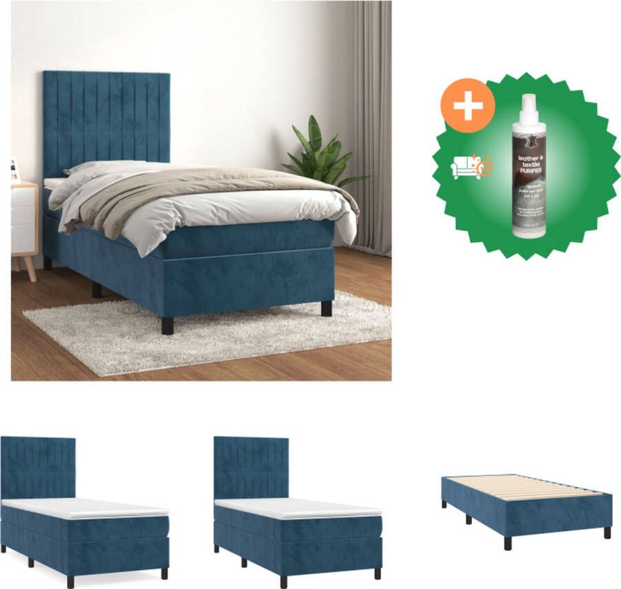 VidaXL Boxspringbed Pocketvering matras Middelharde ondersteuning Zacht fluweel Praktisch hoofdbord Huidvriendelijk topmatras Kleur- donkerblauw 193 x 90 x 118 128 cm Bed Inclusief Reiniger