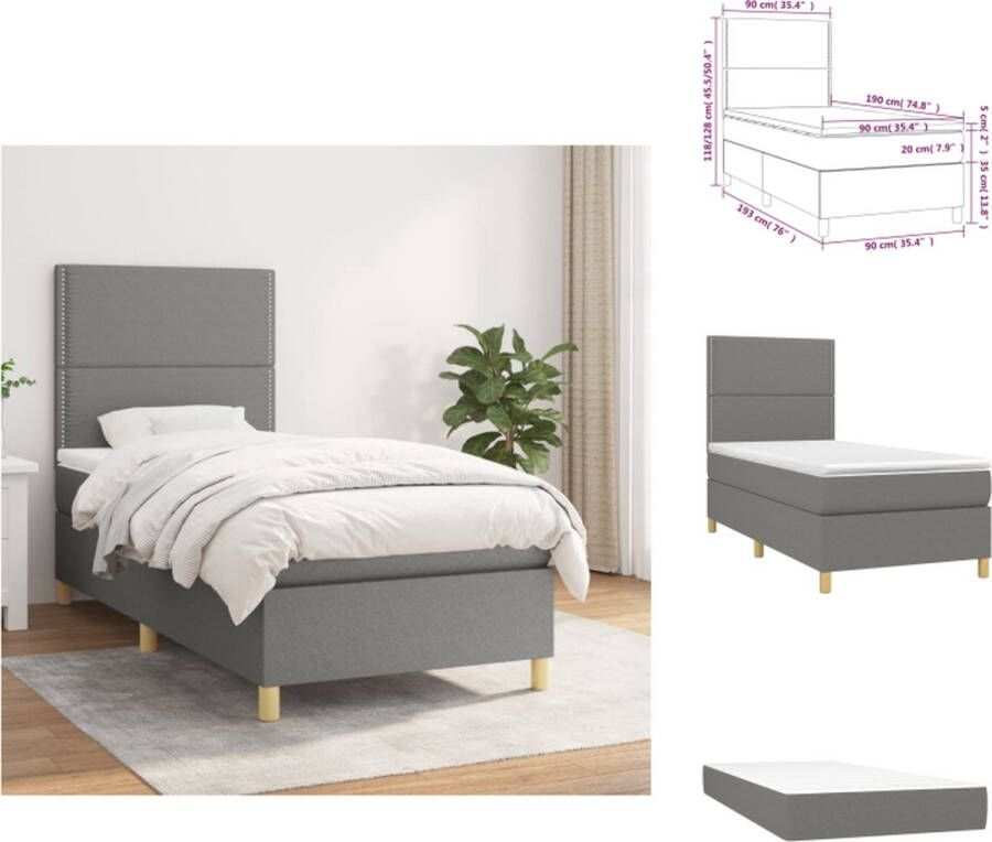 VidaXL Boxspringbed Donkergrijs 193 x 90 x 118 128 cm Duurzaam Verstelbaar hoofdbord Comfortabele ondersteuning Pocketvering matras Middelharde ondersteuning Huidvriendelijk topmatras Montagehandleiding bijgeleverd Bed - Foto 2