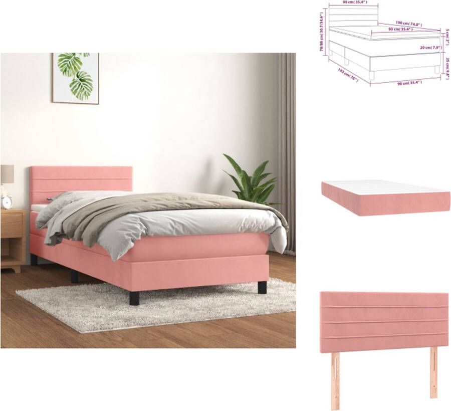 VidaXL Bed Frame Roze Peuterbed 193 x 90 x 78 88 cm Fluweel Pocketvering Matras Huidvriendelijk Topmatras Montagehandleiding Inclusief 1 x Hoofdeind 1 x Matras 1 x Topmatras Bed