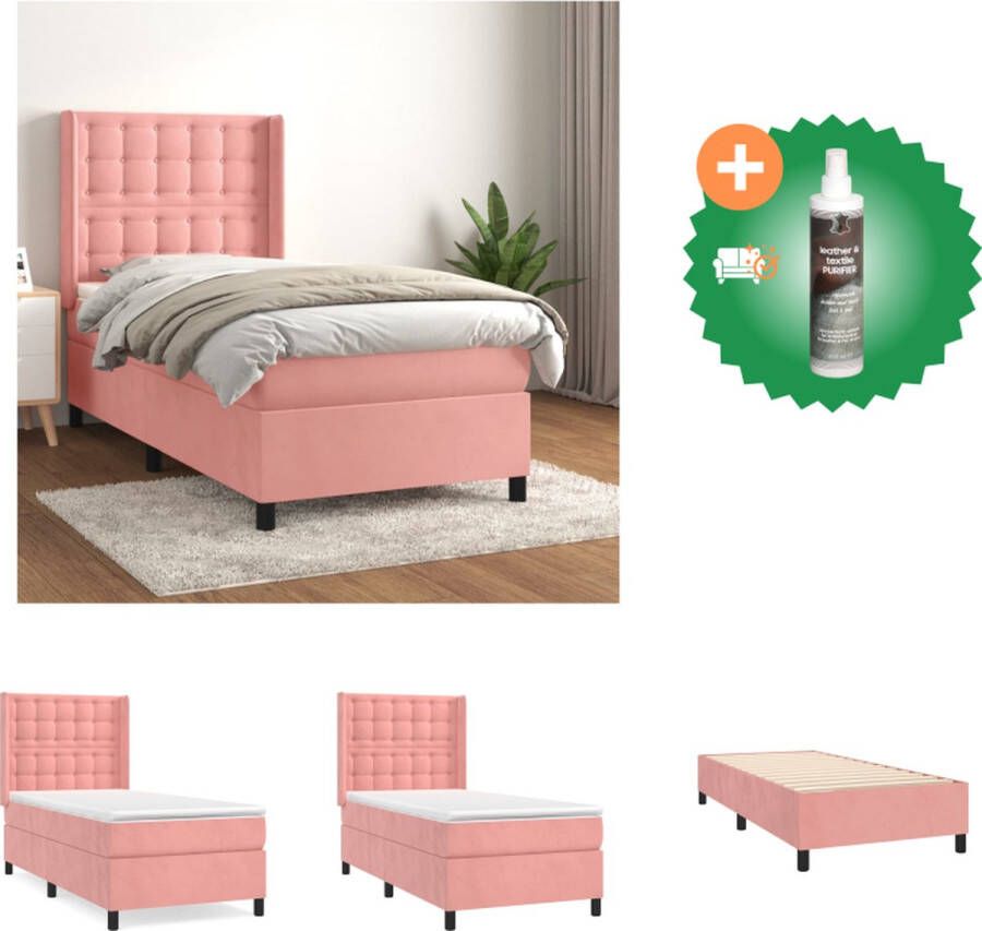 VidaXL Boxspringbed Roze Fluweel 203 x 103 x 118 128 cm Pocketvering matras Middelharde ondersteuning Huidvriendelijk topmatras Bed Inclusief Reiniger
