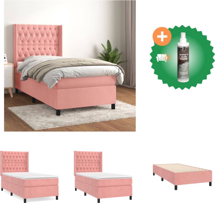 VidaXL Boxspringbed Roze fluweel 203 x 103 x 118 128 cm Pocketvering matras Middelharde ondersteuning Huidvriendelijk topmatras Bed Inclusief Reiniger