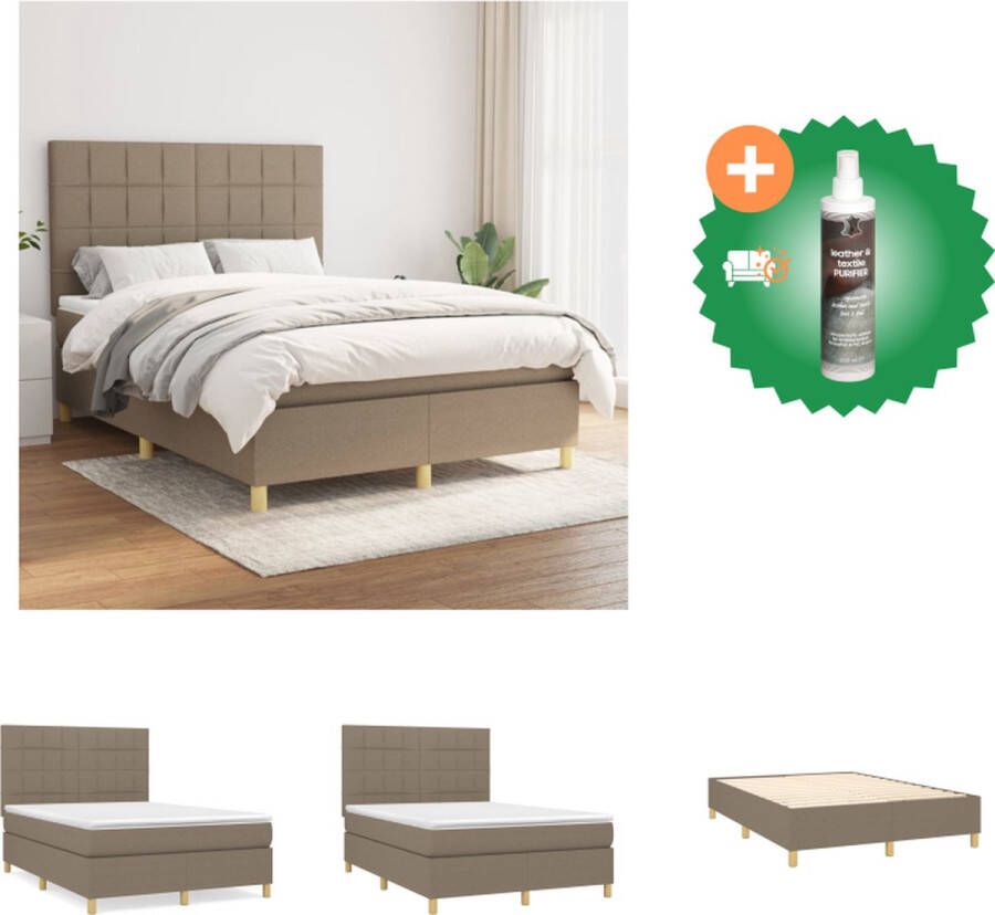 VidaXL Boxspringbed Taupe Stof 193x144x118 128cm Pocketvering matras Middelharde ondersteuning Huidvriendelijk topmatras Bed Inclusief Reiniger