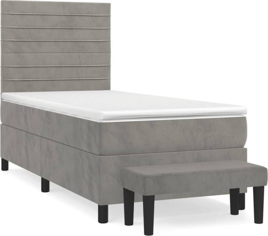 VidaXL Boxspringbed Zacht fluweel 90 x 200 cm Kleur- lichtgrijs Middelharde ondersteuning Pocketvering matras Huidvriendelijk topmatras Praktisch hoofdbord Multifunctioneel bankje Bed Inclusief Reiniger