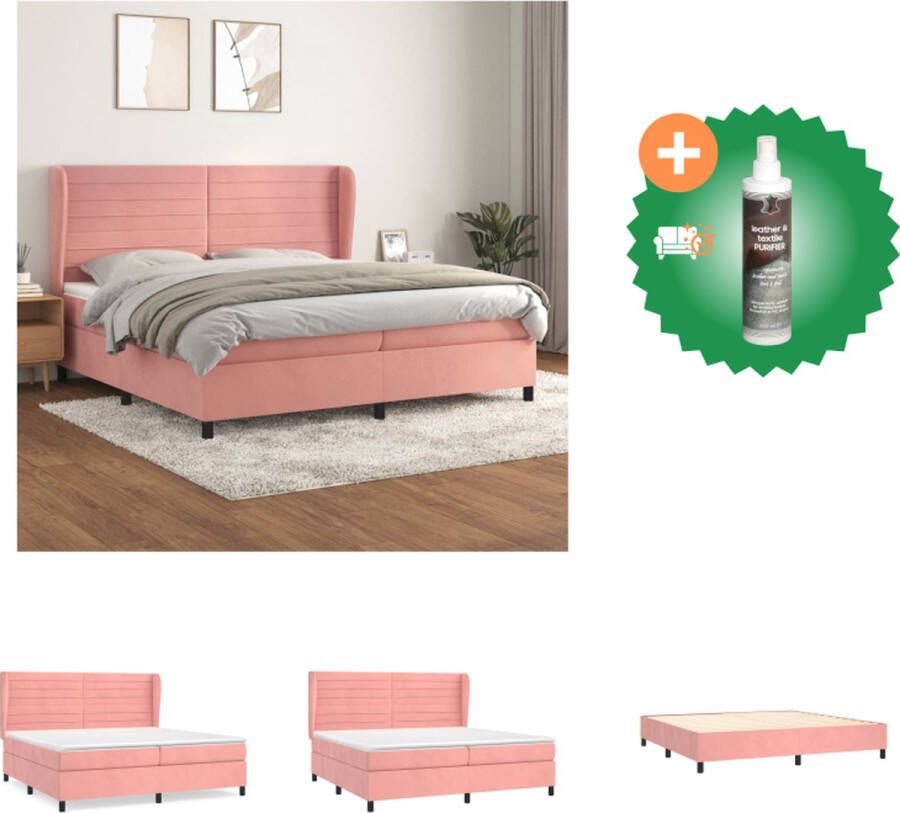 VidaXL Boxspringbed Zacht Fluweel Bed 203x203x118 128 cm Roze Pocketvering Matras Middelharde Ondersteuning Huidvriendelijk Topmatras Bed Inclusief Reiniger