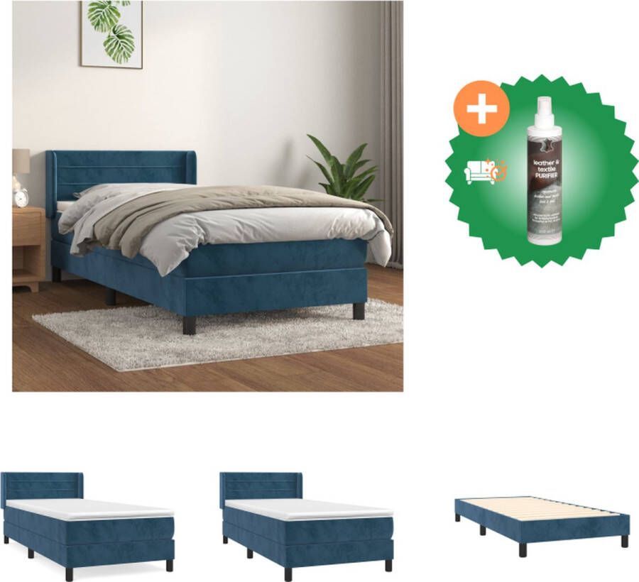 VidaXL boxspringbed Zacht fluweel Kleur- donkerblauw 90 x 200 cm Met verstelbaar hoofdbord Met pocketvering matras Middelharde ondersteuning Huidvriendelijk topmatras Bed Inclusief Reiniger