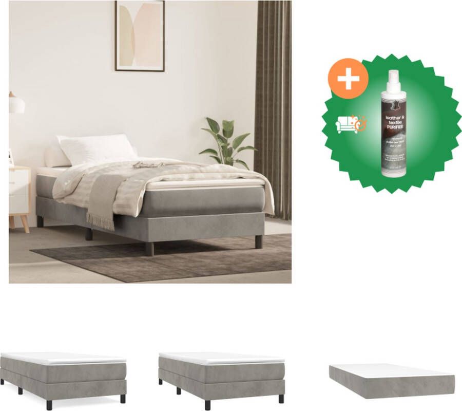 VidaXL Boxspringbed Zacht fluweel Pocketvering matras Middelharde ondersteuning Huidvriendelijk topmatras Multiplex lattenbodem Kleur- lichtgrijs Afmetingen- 193 x 90 x 25 cm Bed Inclusief Reiniger