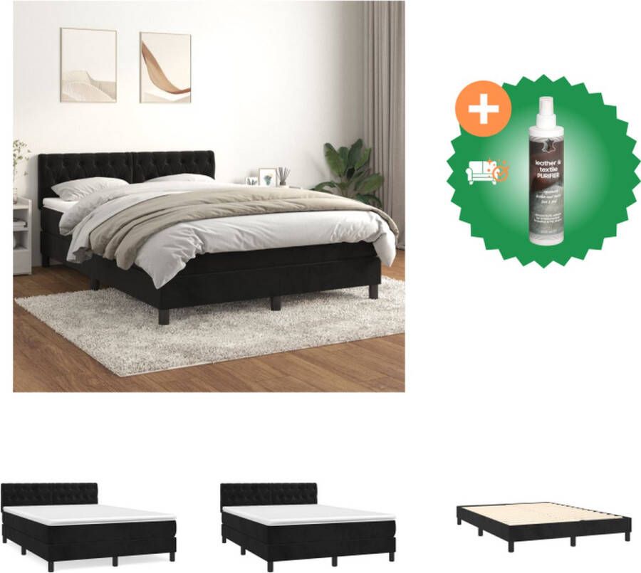 VidaXL Boxspringbed Zacht fluweel Praktisch hoofdbord Pocketvering matras Middelharde ondersteuning Huidvriendelijk topmatras Kleur- zwart Afmetingen- 203 x 144 x 78 88 cm (L x B x H) Bed Inclusief Reiniger
