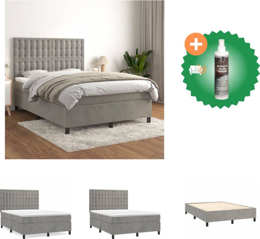 VidaXL Boxspringbed Zacht fluweel Praktisch hoofdbord Pocketvering matras Middelharde ondersteuning Huidvriendelijk topmatras Lichtgrijs 203 x 144 x 118 128 cm 140 x 200 x 20 cm 140 x 200 x 5 cm Bed Inclusief Reiniger