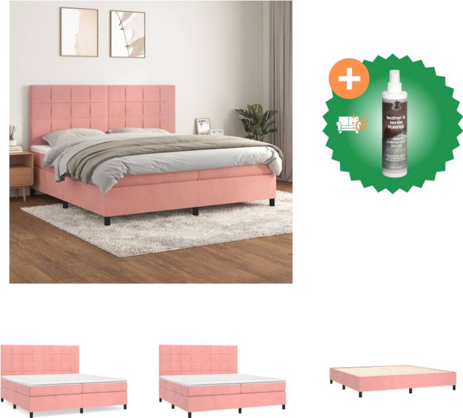 VidaXL Boxspringbed Zacht fluweel Praktisch hoofdbord Pocketvering matras Middelharde ondersteuning Huidvriendelijk topmatras Roze 203x200x118 128cm 100x200x20cm 200x200x5cm Bed Inclusief Reiniger