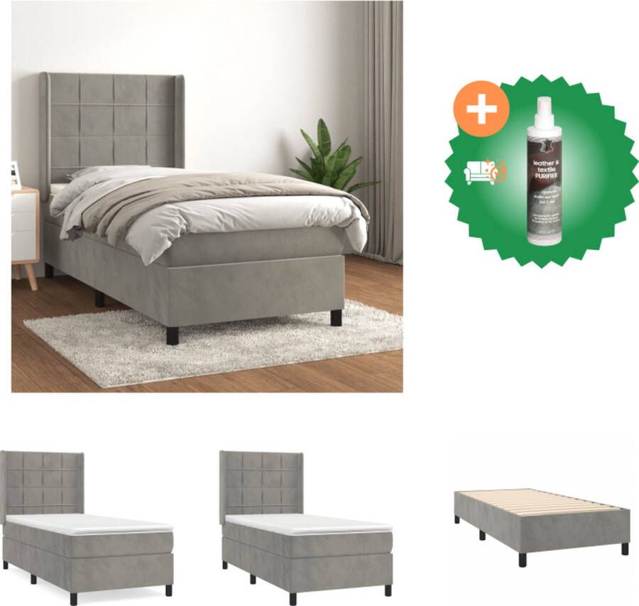 VidaXL Boxspringbed Zacht fluweel Praktisch hoofdbord Pocketvering matras Middelharde ondersteuning Huidvriendelijk topmatras 193x93x118 128cm Kleur- lichtgrijs Bed Inclusief Reiniger