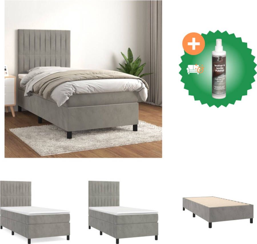 VidaXL Boxspringbed Zacht fluweel Praktisch hoofdbord Pocketvering matras Middelharde ondersteuning Huidvriendelijk topmatras Lichtgrijs Afmetingen- 203 x 83 x 118 128 cm Bed Inclusief Reiniger