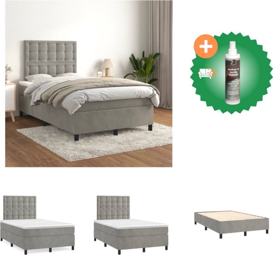 VidaXL Boxspringbed Zacht Fluweel Praktisch Hoofdbord Pocketvering Middelharde Ondersteuning Huidvriendelijk Topmatras Lichtgrijs 203 x 120 x 118 128 cm Bed Inclusief Reiniger
