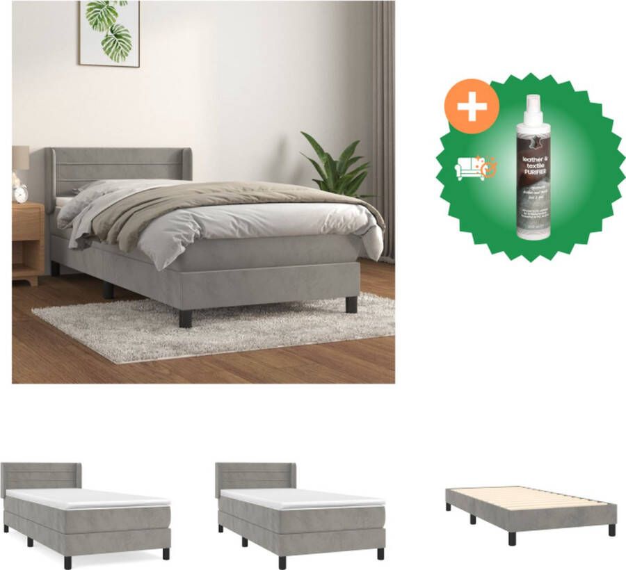 VidaXL Boxspringbed Zacht fluweel Praktisch hoofdbord Pocketvering Middelharde ondersteuning Huidvriendelijk topmatras Kleur- lichtgrijs Afmetingen- 193 x 93 x 78 88 cm Bed Inclusief Reiniger