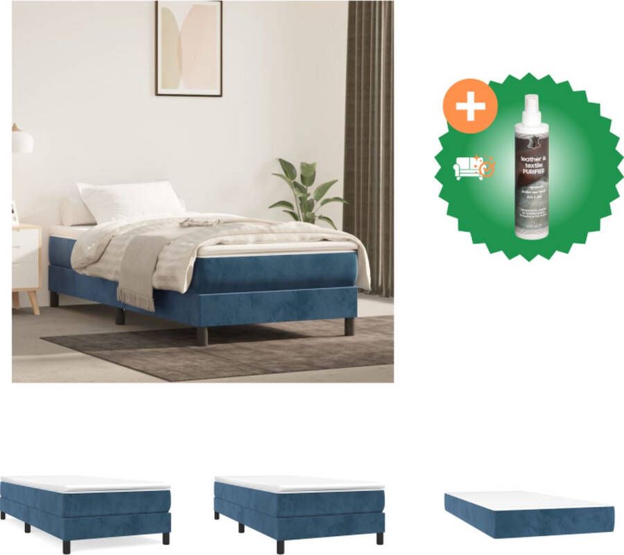 VidaXL Boxspringbed Zacht fluwelen bedframe Pocketvering matras Middelharde ondersteuning Huidvriendelijk topmatras Kleur- donkerblauw Afmetingen- 203 x 100 x 25 cm Bed Inclusief Reiniger