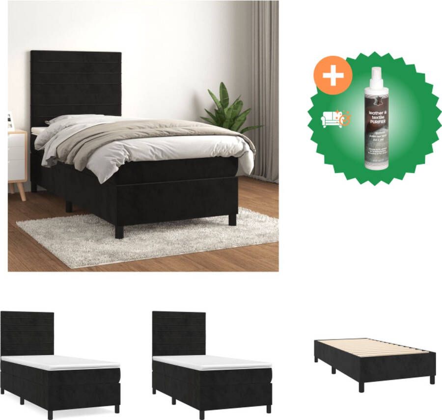 VidaXL Boxspringbed Zwart 203 x 90 x 118 128 cm Zacht fluweel Praktisch hoofdbord Pocketvering matras Middelharde ondersteuning Huidvriendelijk topmatras Bed Inclusief Reiniger