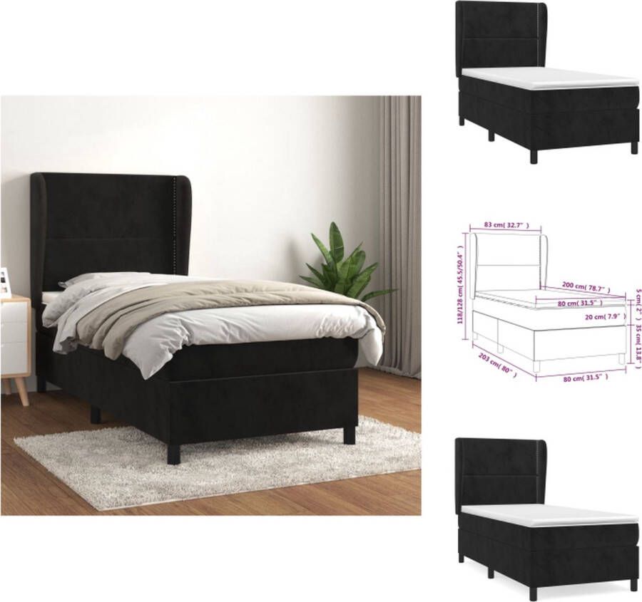 VidaXL Boxspringbed Zwart fluwelen bedframe 203x83x118 128cm Pocketvering matras 80x200x20cm Schuim topmatras 80x200x5cm Verstelbaar hoofdbord Middelharde ondersteuning Huidvriendelijk topmatras Montagehandleiding meegeleverd Bed - Foto 3