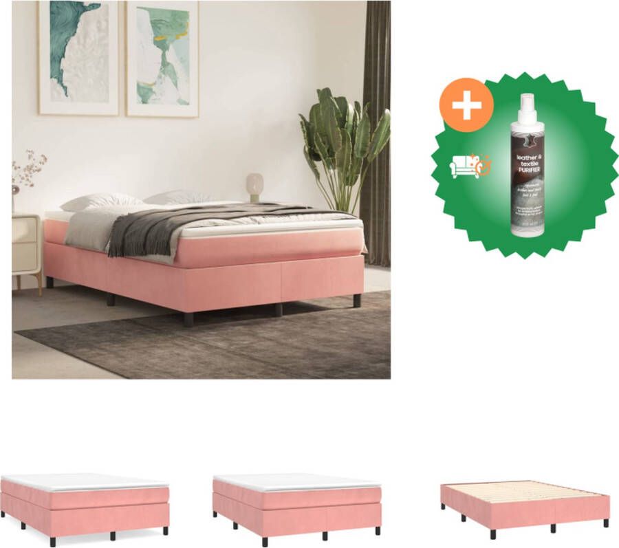 VidaXL Boxspringframe Roze 193 x 140 x 35 cm Fluweel Ondersteunende poten Multiplex lattenbodem Bed Inclusief Reiniger