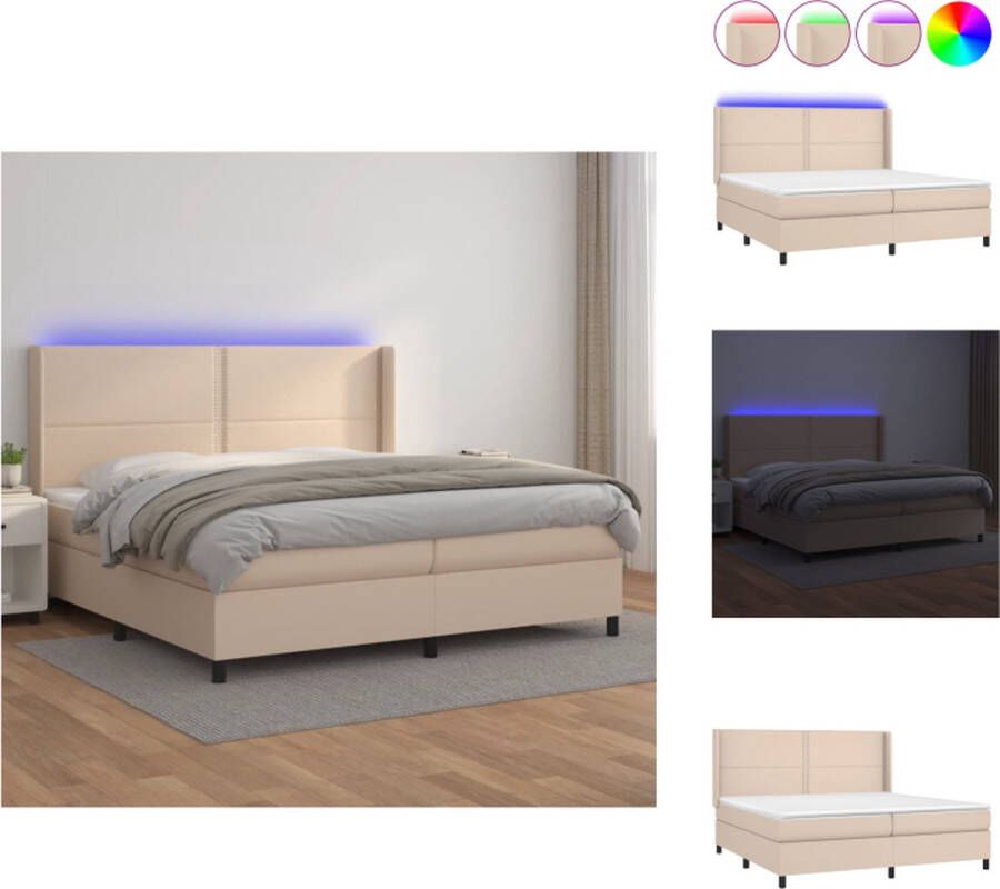 VidaXL Boxspringset Kunstleren Bed met LED-verlichting Pocketvering Matras Huidvriendelijk Topmatras 203 x 203 x 118 128 cm Cappuccino Bed