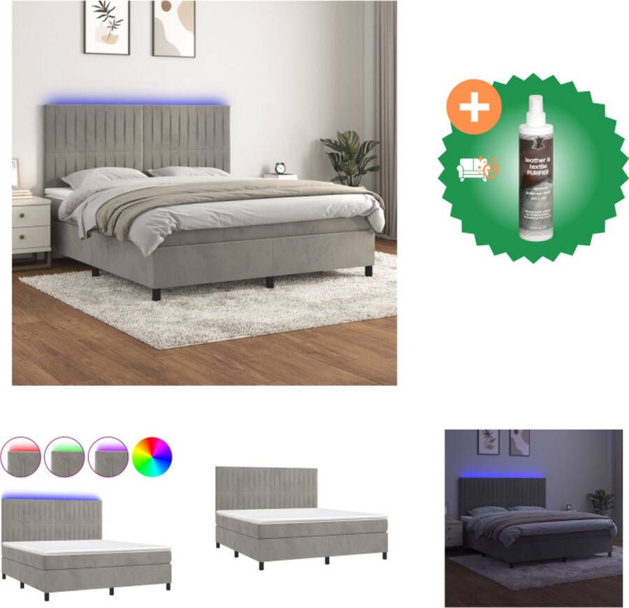 VidaXL Boxspringset Lichtgrijs fluweel 180x200 cm Verstelbaar hoofdbord LED-verlichting Pocketvering matras Huidvriendelijk topmatras Bed Inclusief Reiniger