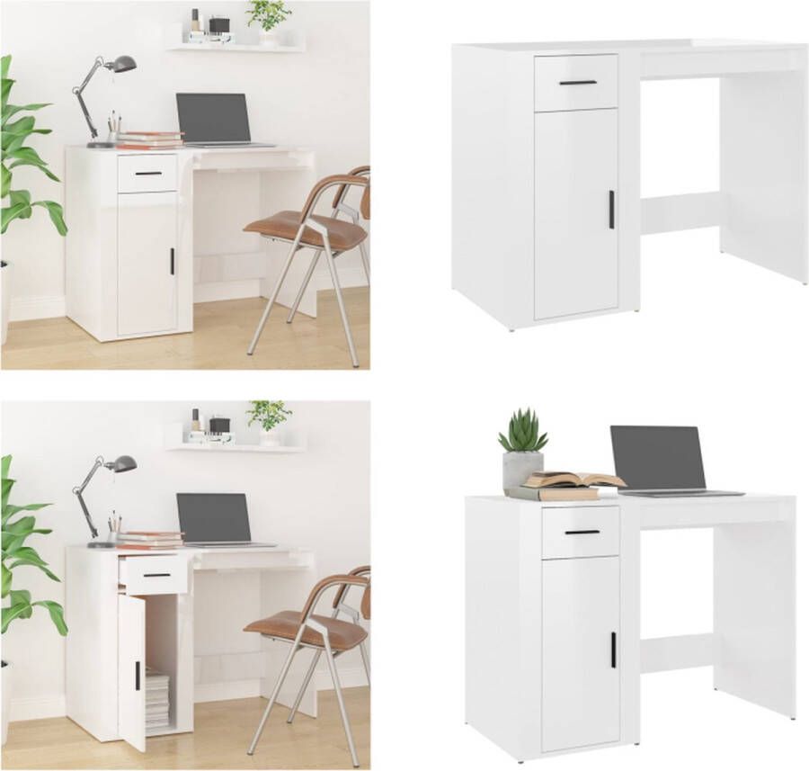 VidaXL Bureau 100x49x75 cm bewerkt hout hoogglans wit Bureau Bureaus Tafel Computerbureau