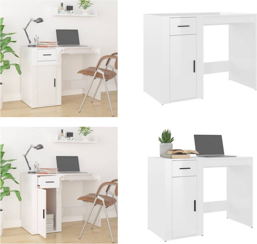 vidaXL Bureau 100x49x75 cm bewerkt hout hoogglans wit Bureau Bureaus Tafel Computerbureau